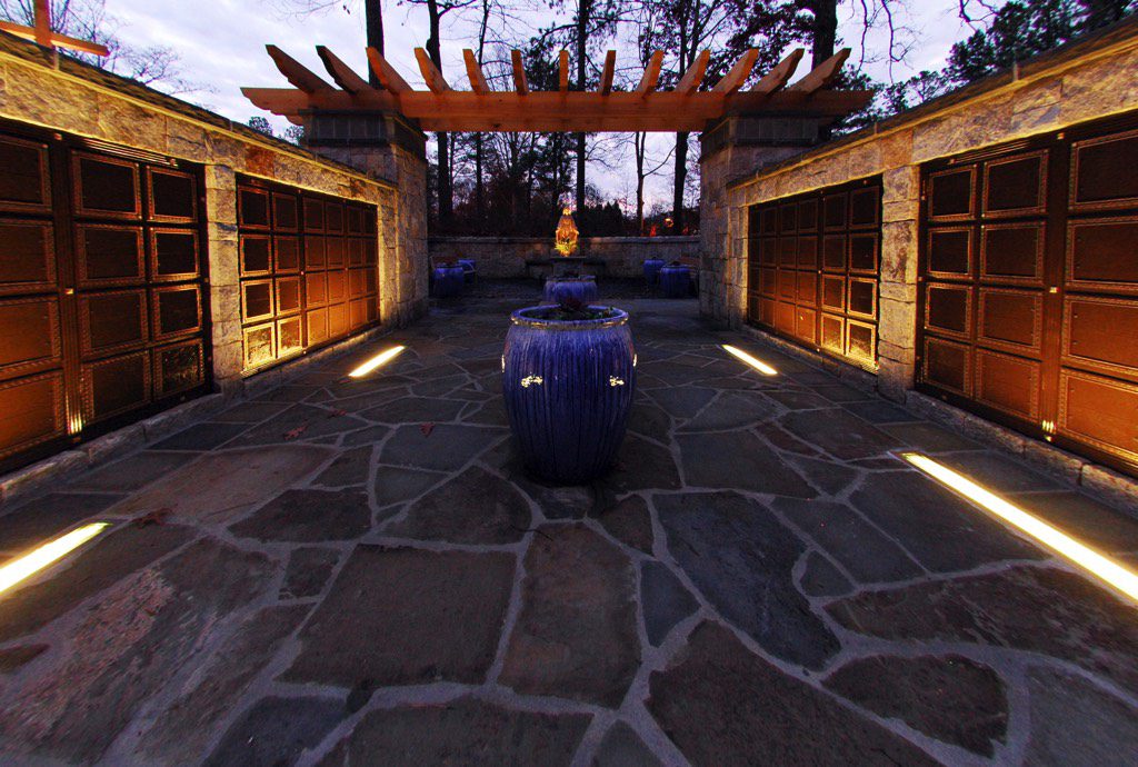 All Saints Catholic Church Columbarium at Dusk with Outdoor Lighting
